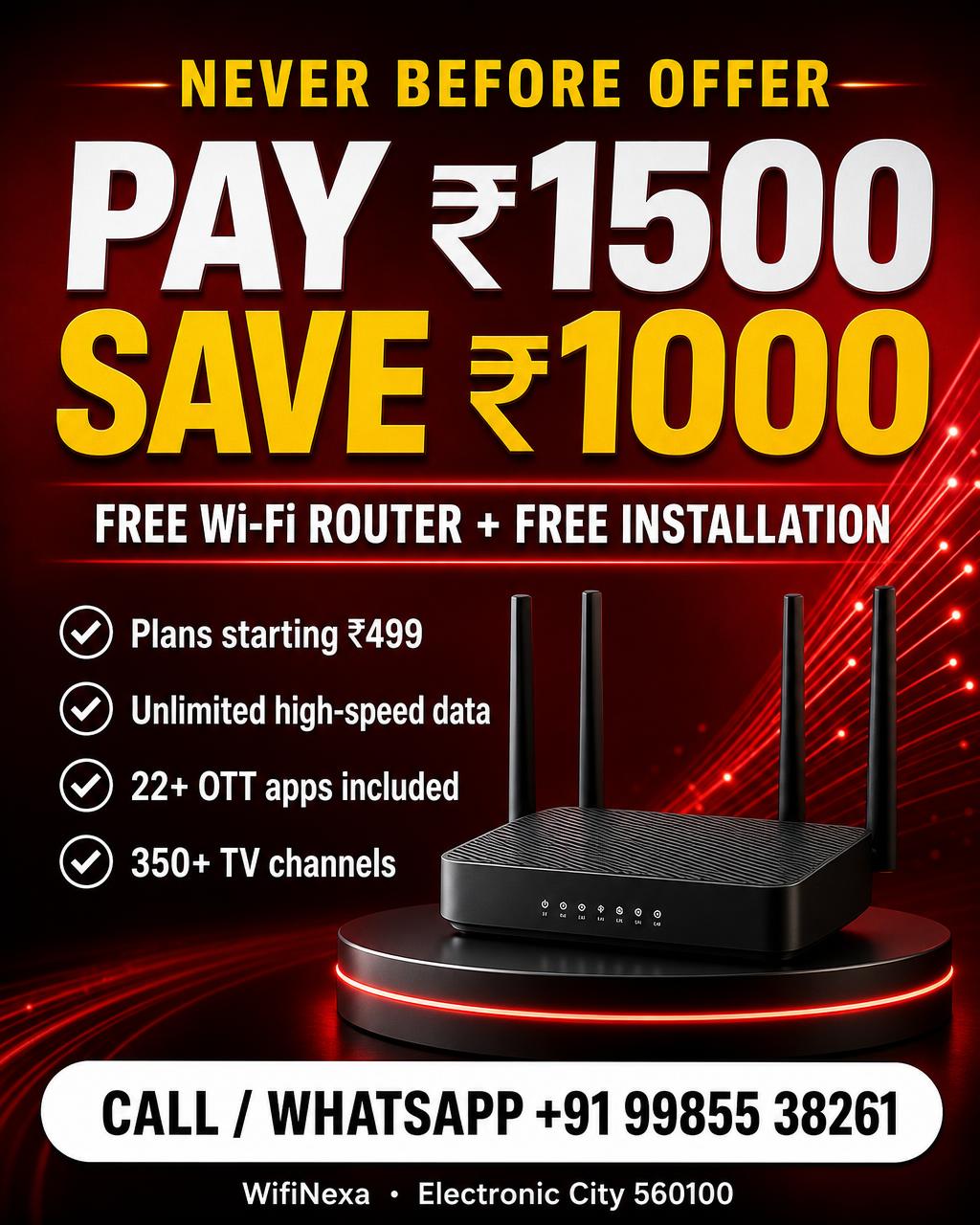 WifiNexa Airtel Wi-Fi offer — pay ₹1500 save ₹1000, free router and installation, call +91 99855 38261